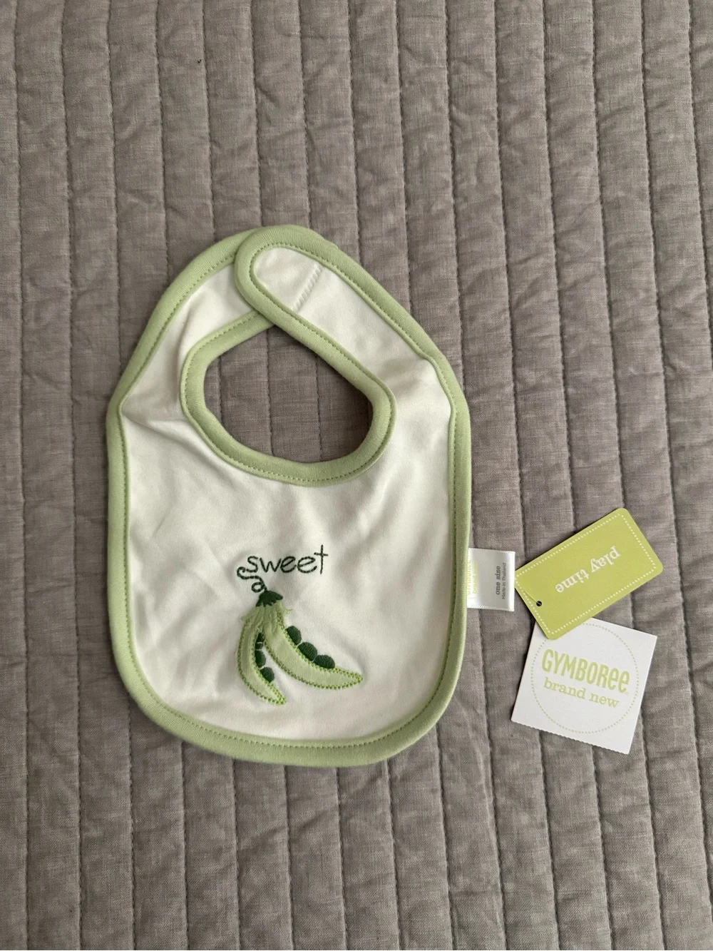 Gymboree White Baby Bib with Light Green Trim and Sweet Pea Embroidery
